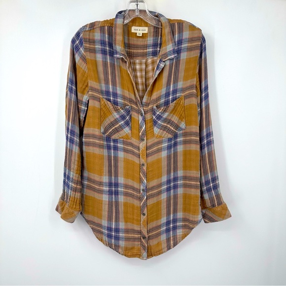cloth & stone Tops - Cloth & Stone Plaid Button Up Shirt Anthropologie Large Orange Tan Navy Blue